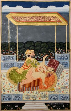 Hombre y mujer reales haciendo el amor bajo un dosel en la terraza de un palacio sexy Pinturas al óleo